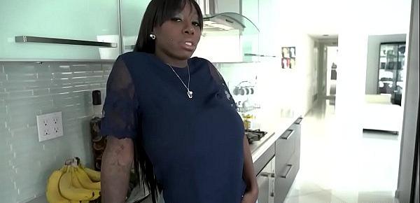  Ebony stepmom Mystique  jiggling her huge tits in front of her stepsons face